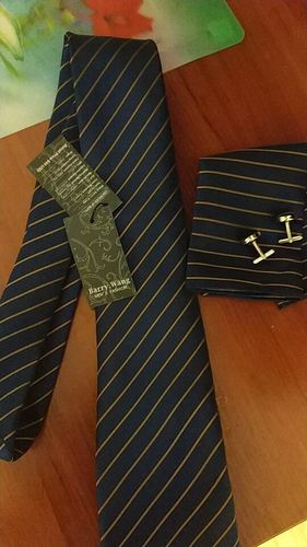 Customer photo review of Deep Blue Gold Striped Silk Fabric Tie Hanky Cufflinks Set