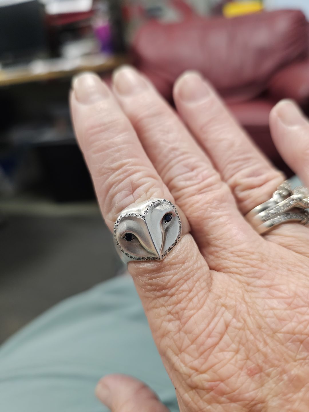 Customer photo review of Barn Owl Ring with Diamonds and Sapphires