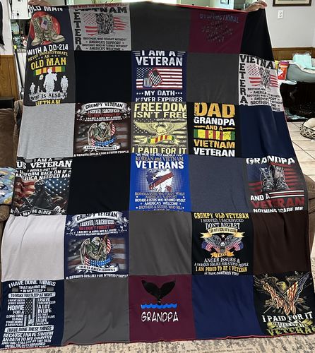 T-shirt quilt with military service, veteran advocacy themes by Laya from TX