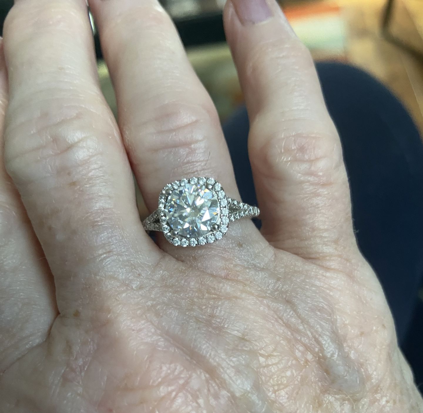Customer photo review of Moissanite Split Shank Square Halo Pave Sterling Silver Wedding Ring