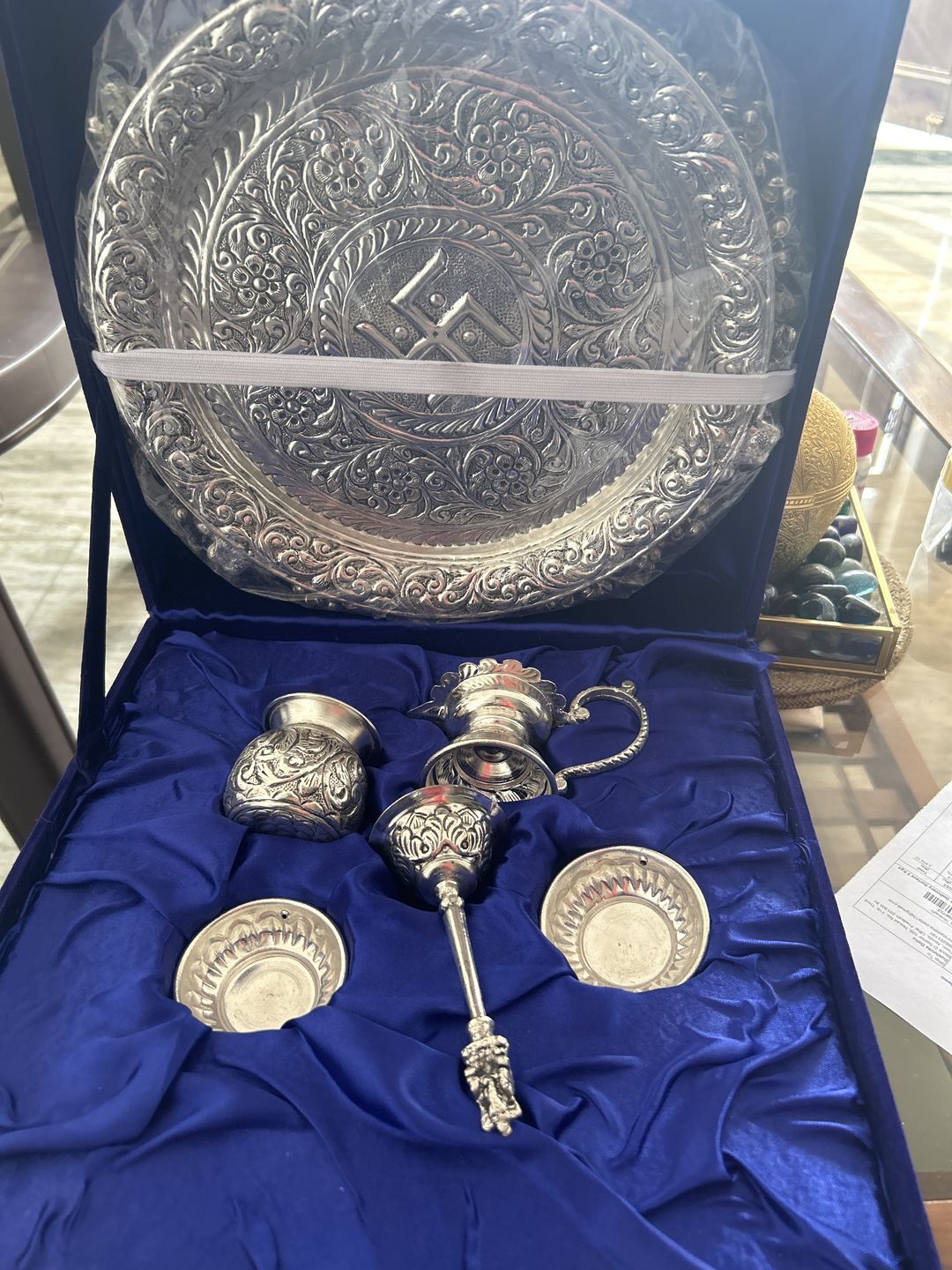 Customer photo review of Intricately Designed Silver Pooja Thali Set with Elephant Trunk Shaped Stand