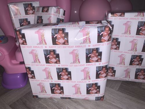 Customer photo review of Personalised Pink 1st Birthday Print with Photo and Name Wrapping Paper