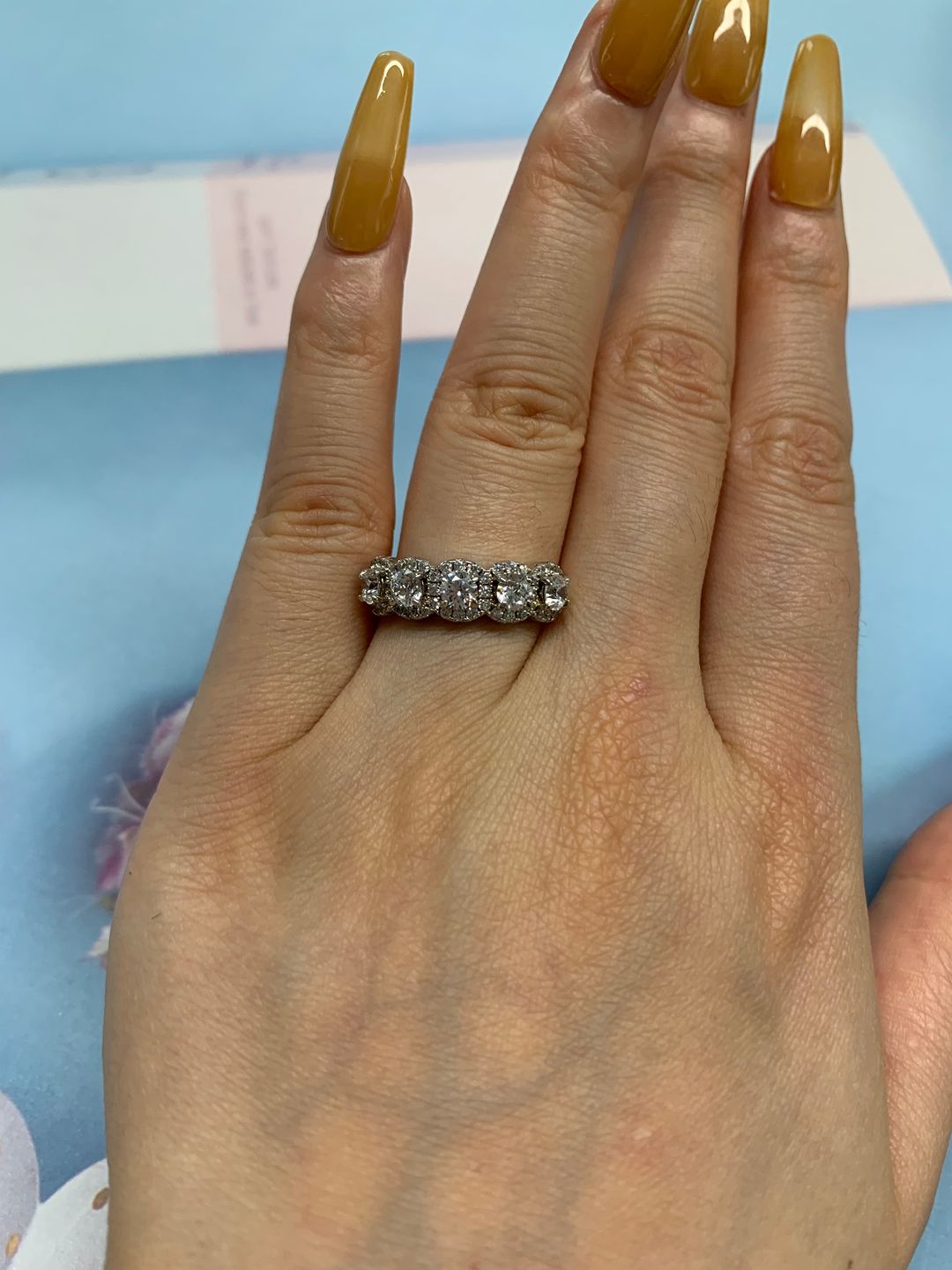 Customer photo review of S925 Round Cut 1.5 Ct Fashion Halo Five Stone Anniversary Ring In Sterling Silver