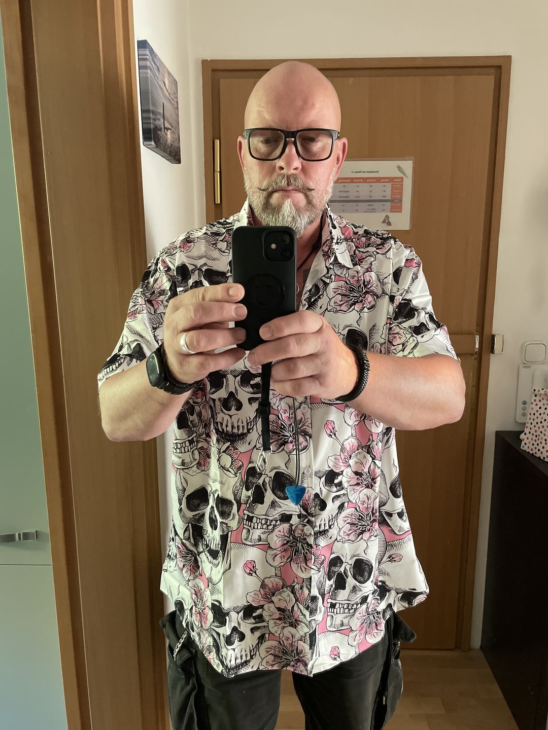 Customer photo review of Men's Skull Pink Flowers Button Up Short Sleeve Shirts
