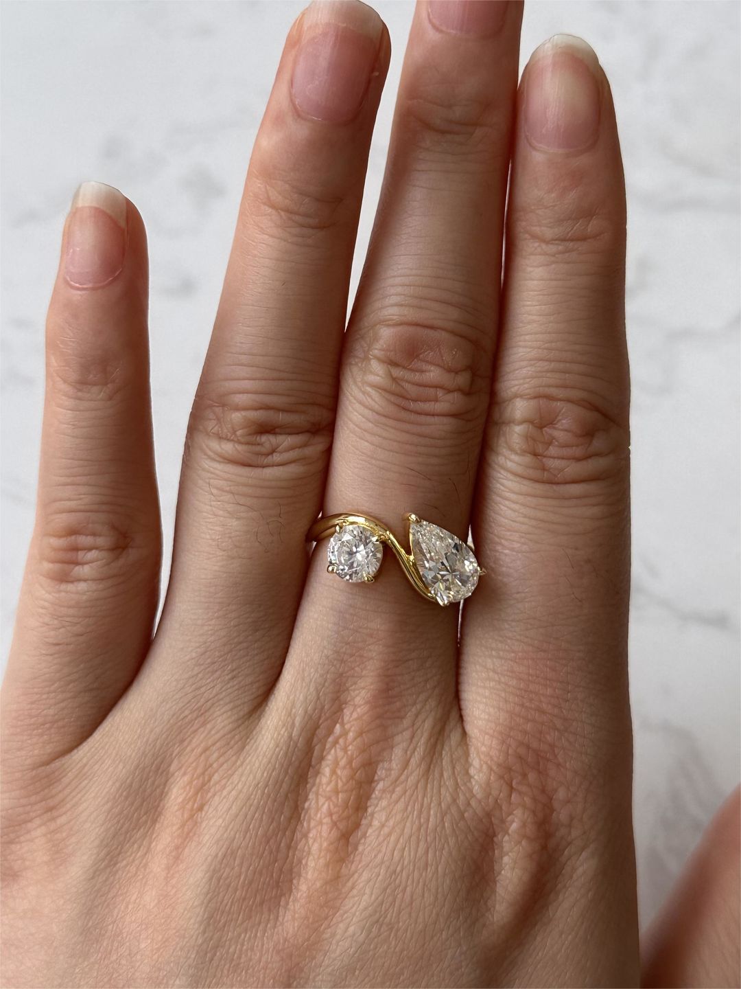 Customer photo review of Louily Unique Double Stones Design Pear & Round Cut Engagement Ring In Sterling Silver