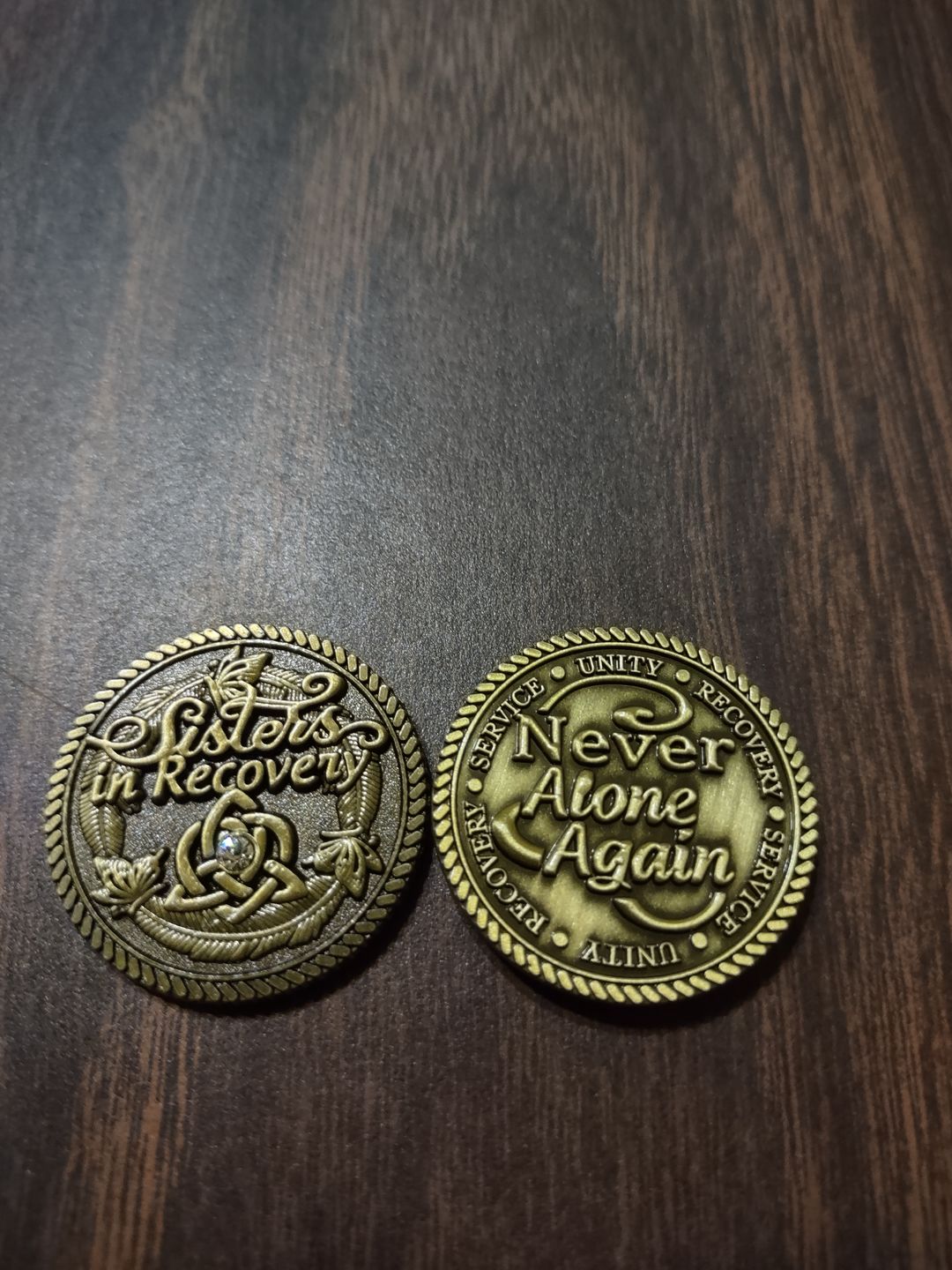 Customer photo review of Sisters in Recovery Specialty AA/NA Medallion - Bronze with Crystal