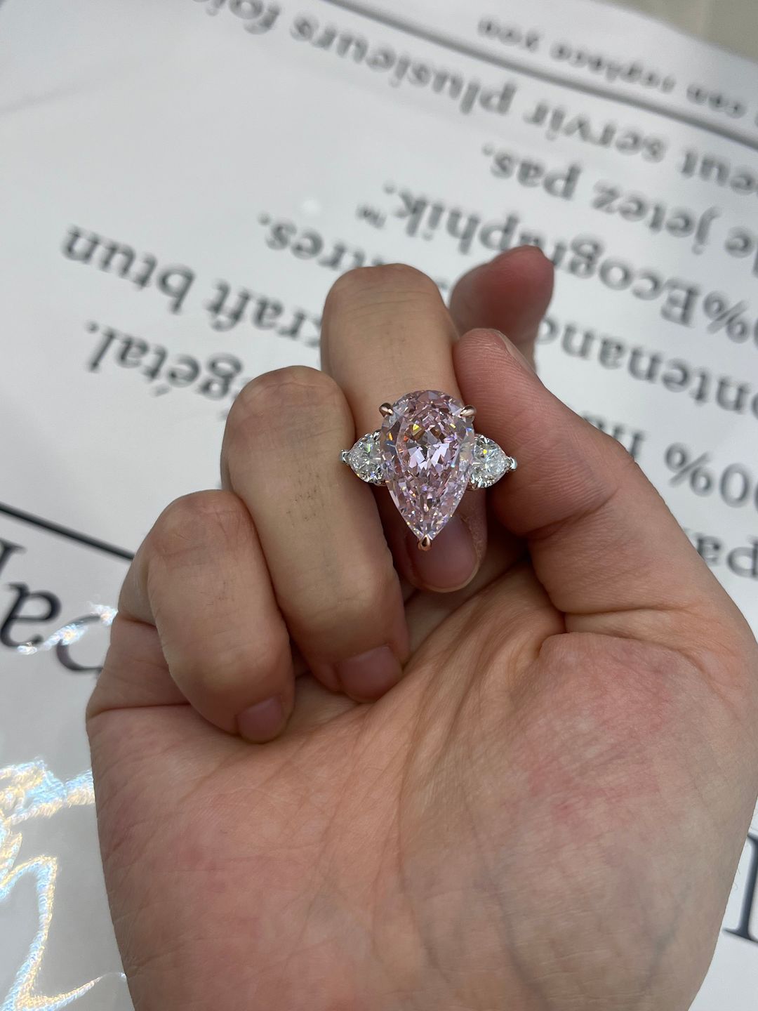 Customer photo review of S925 Stunning Pear Cut Yellow/Pink Sapphire Three Stone Engagement Ring
