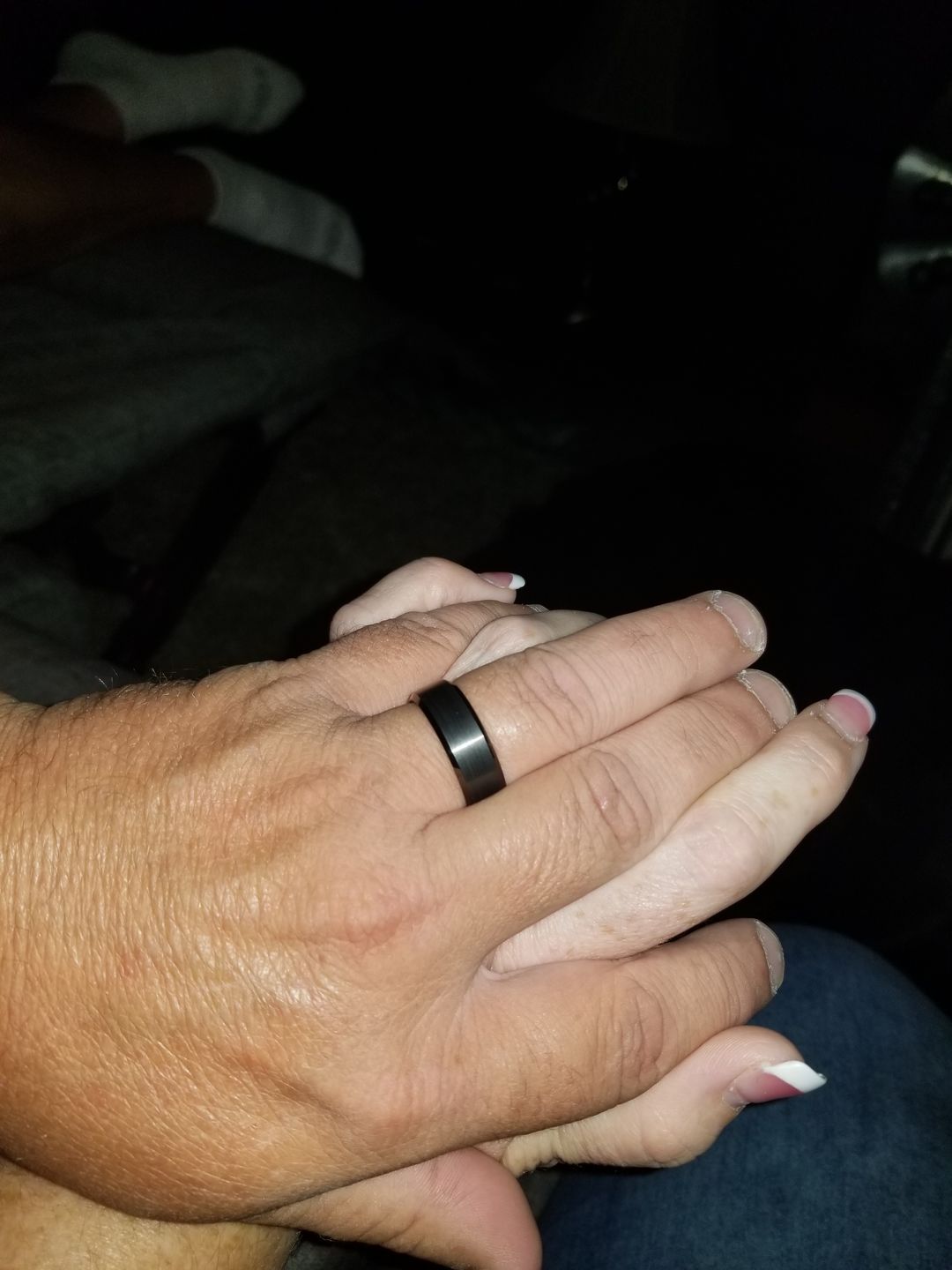 Customer photo review of 8mm GunMetal Tungsten Carbide Wedding Band with Beveled Edges