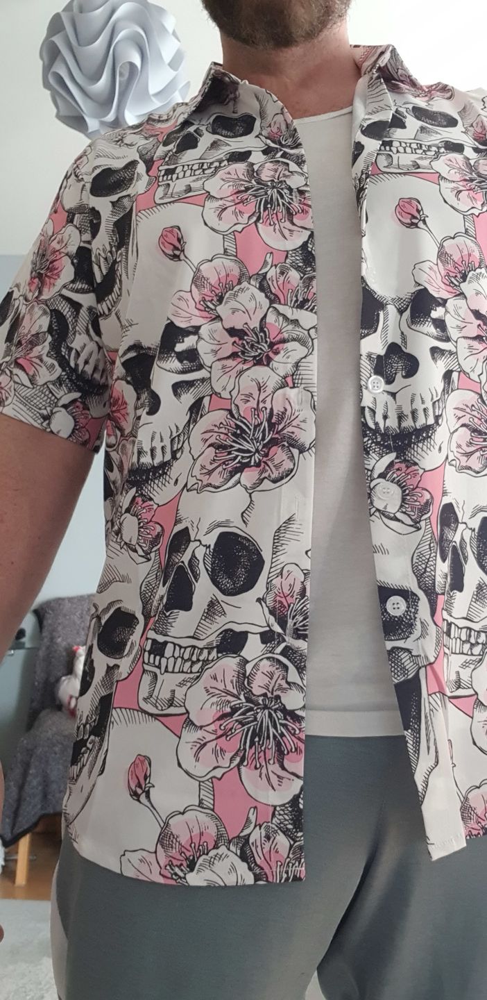 Customer photo review of Men's Skull Pink Flowers Button Up Short Sleeve Shirts