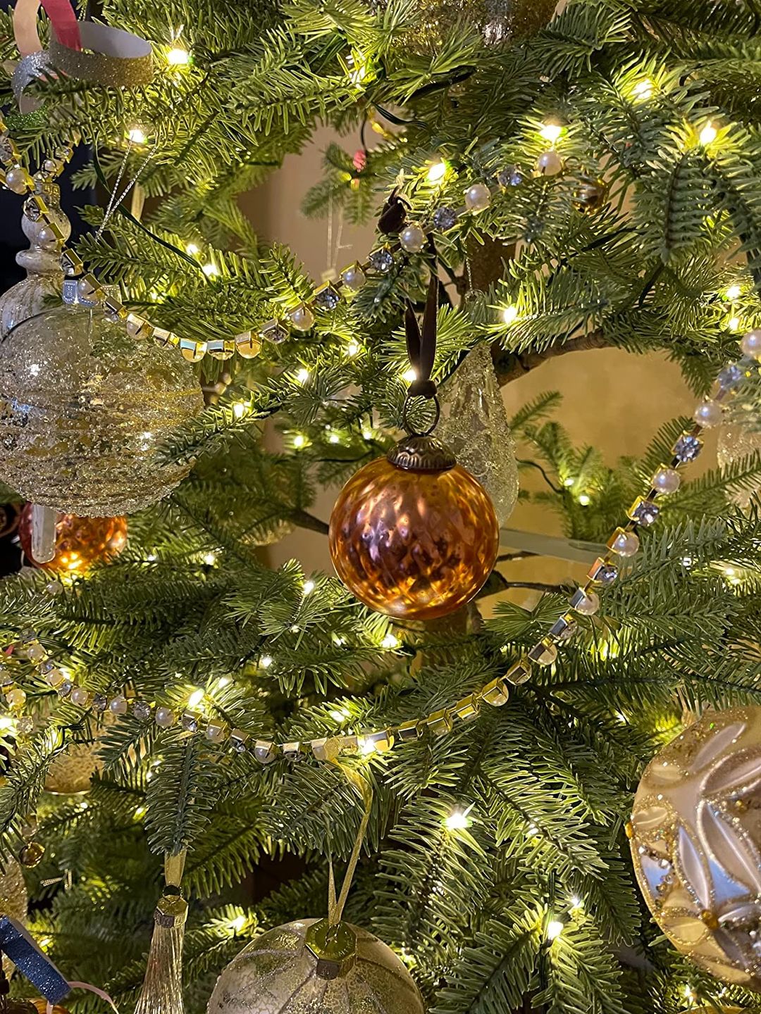 Customer photo review of Set of 4 Pink Rose Gold Mercury Glass Ornaments (3.15" Antique Embossed Ball)