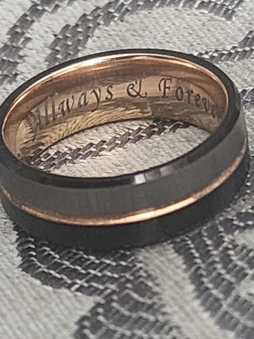 Customer photo review of 8MM - Black & Rose Gold Tungsten Ring Matte Finish Brushed Laser Horizontal Grain