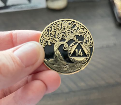 Customer photo review of 1 to 65 Year Sobriety Mint Twisted Tree of Life Gold Plated AA Recovery Medallion/Chip/Coin - Black