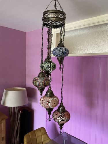 Customer photo review of 5 BALL TURKISH MOSAIC CHANDELIER, WITH LARGE GLOBES