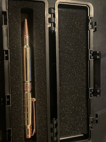 Customer photo review of .308 Real Bullet Authentic Brass Casing Refillable Twist Pen - Tactical Gift Box - Polished Brass