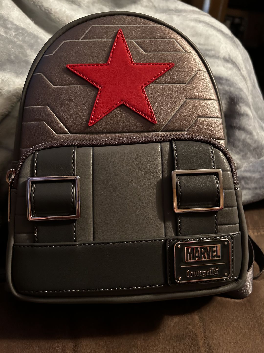 Customer photo review of Loungefly Marvel Winter Soldier Cosplay Mini Backpack