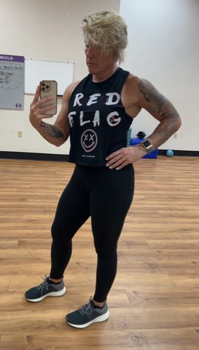 Customer photo review of Salty Savage Ladies "RED FLAG" Flowy Racerback Crop Tank