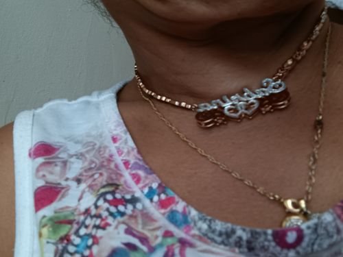 Customer photo review of The Double Plated Infinite Love Name Necklace with Hugs and Kisses Chain