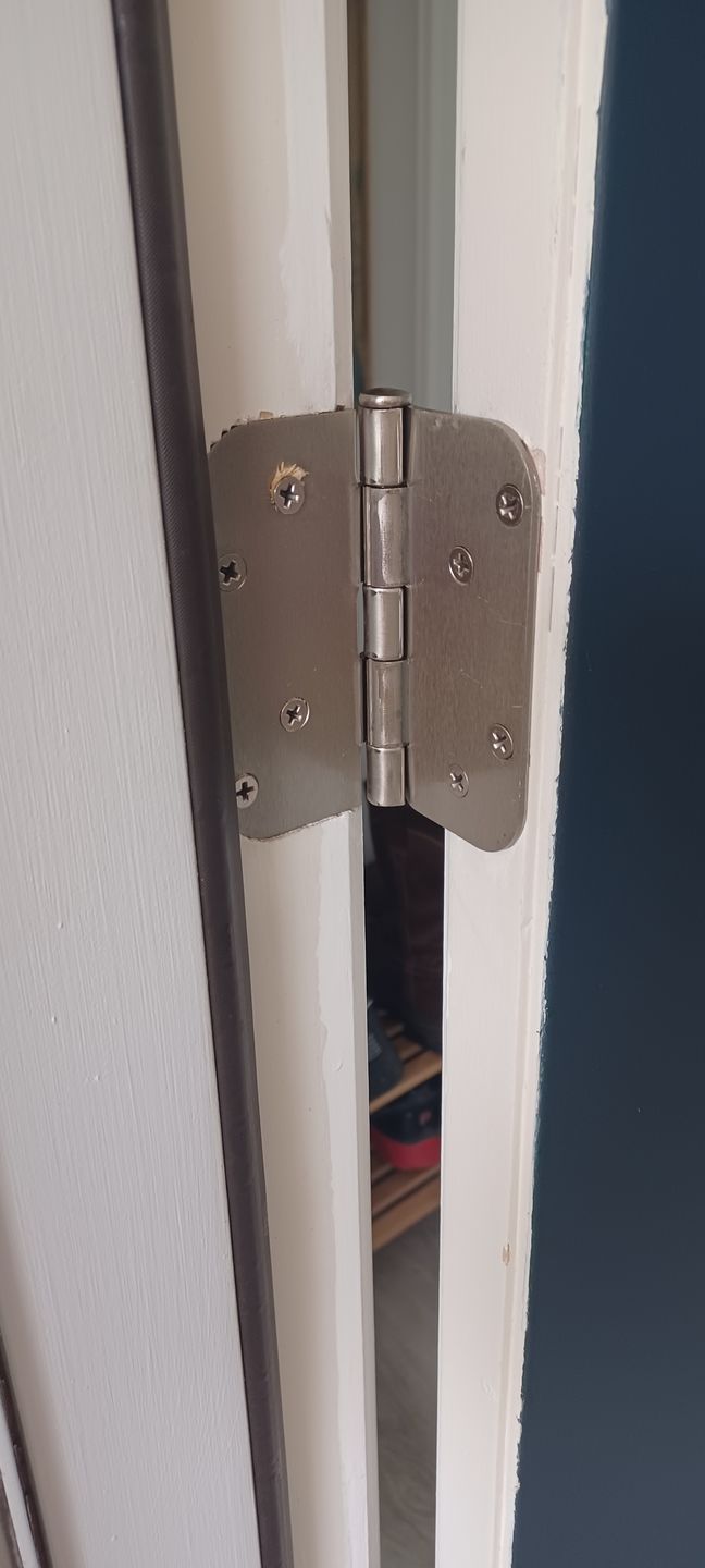 Customer photo review of Pease Satin Nickel Hinge Set (4" x 4", 3 hinges in set)