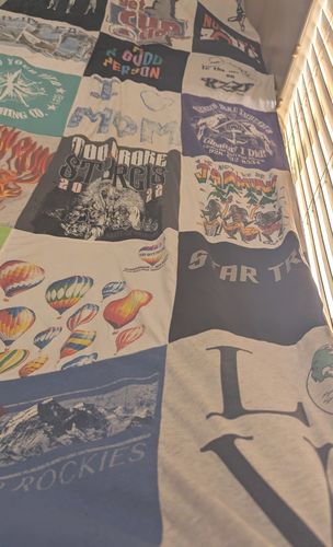 T-shirt quilt with outdoor activities, travel themes by Billie from AZ