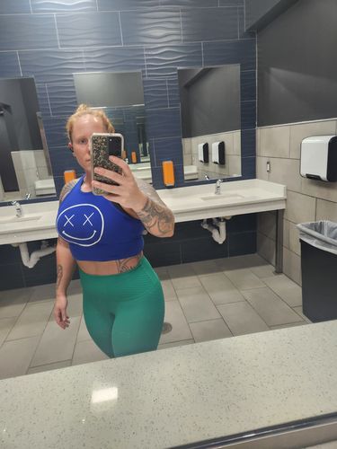 Customer photo review of Salty Savage Ladies “OG Smile” High Neck Crop Tank | In Your Face | Royal Blue/White