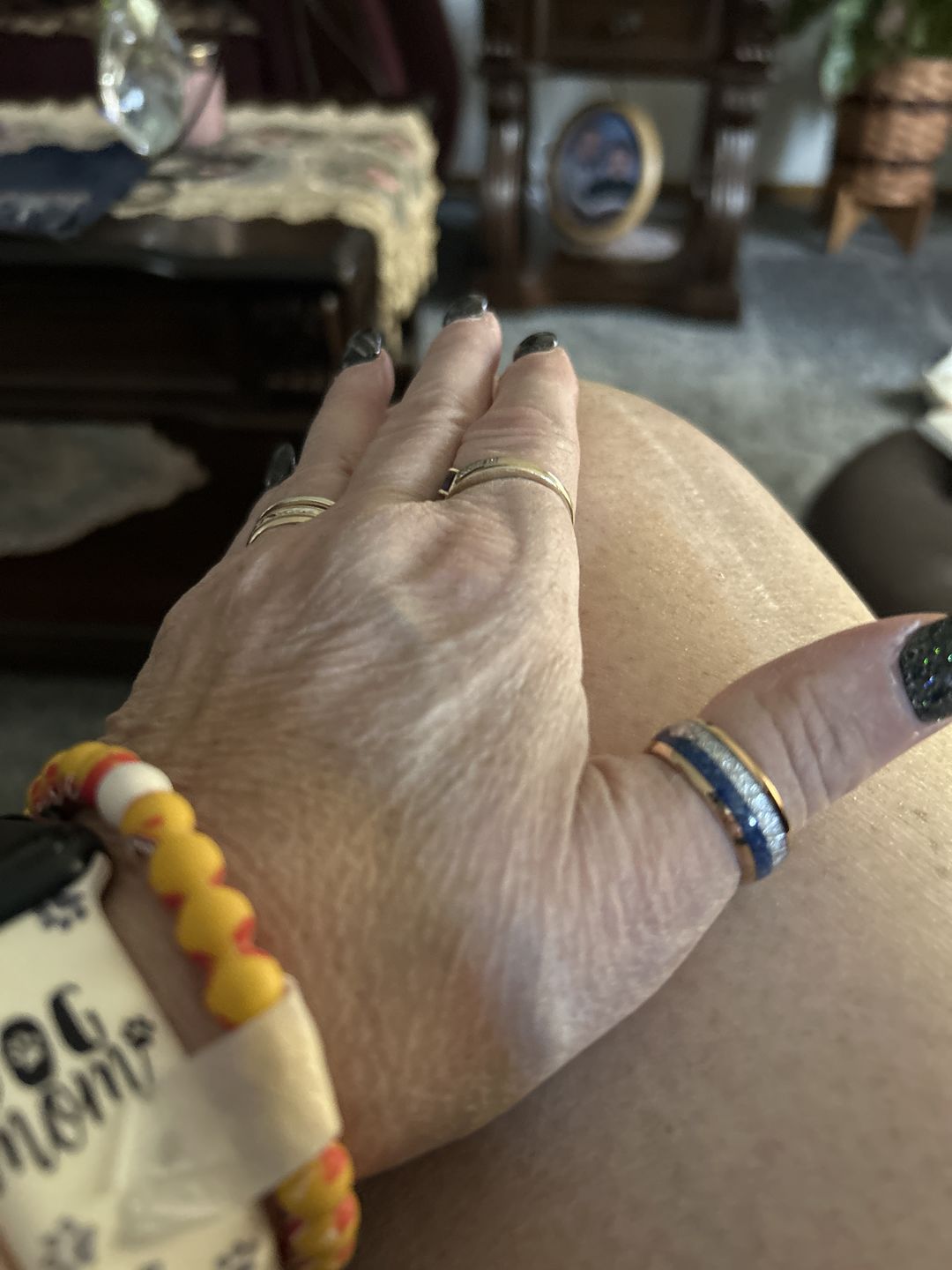 Customer photo review of 8mm- ROSE GOLD TUNGSTEN ARROW RING W/ BLUE LAPIS LAZULI, FAUX METEORITE,
