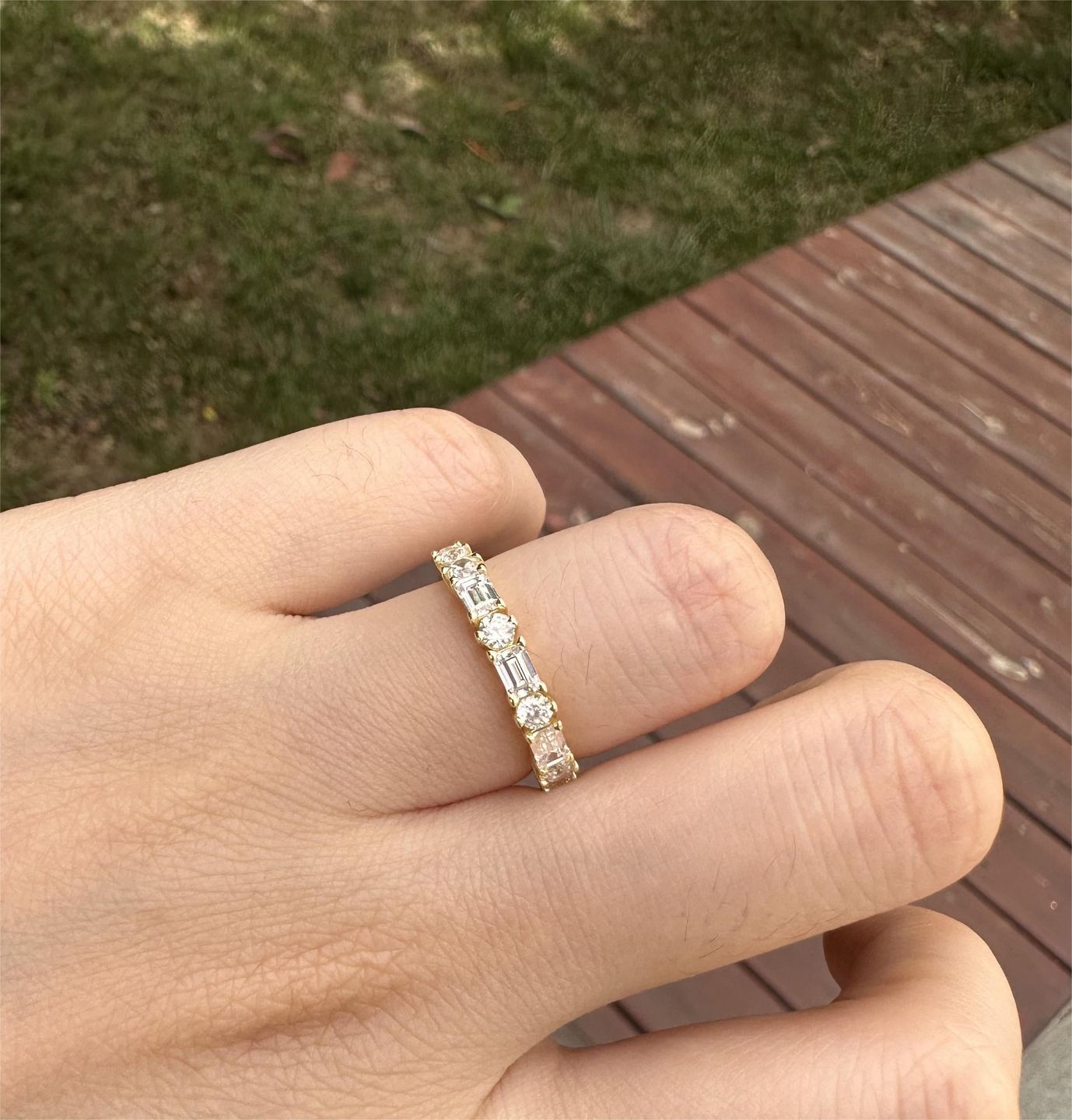 Customer photo review of S925 1.5 Ct Fashion Yellow Gold Half Emerald & Round Cut Wedding Band In Sterling Silver