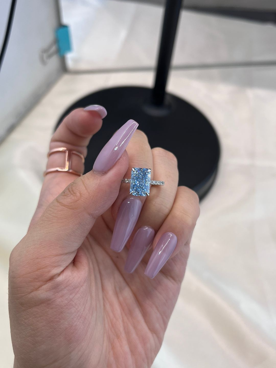 Customer photo review of Louily Exclusive Radiant Cut Light Aquamarine Blue Engagement Ring In Sterling Silver