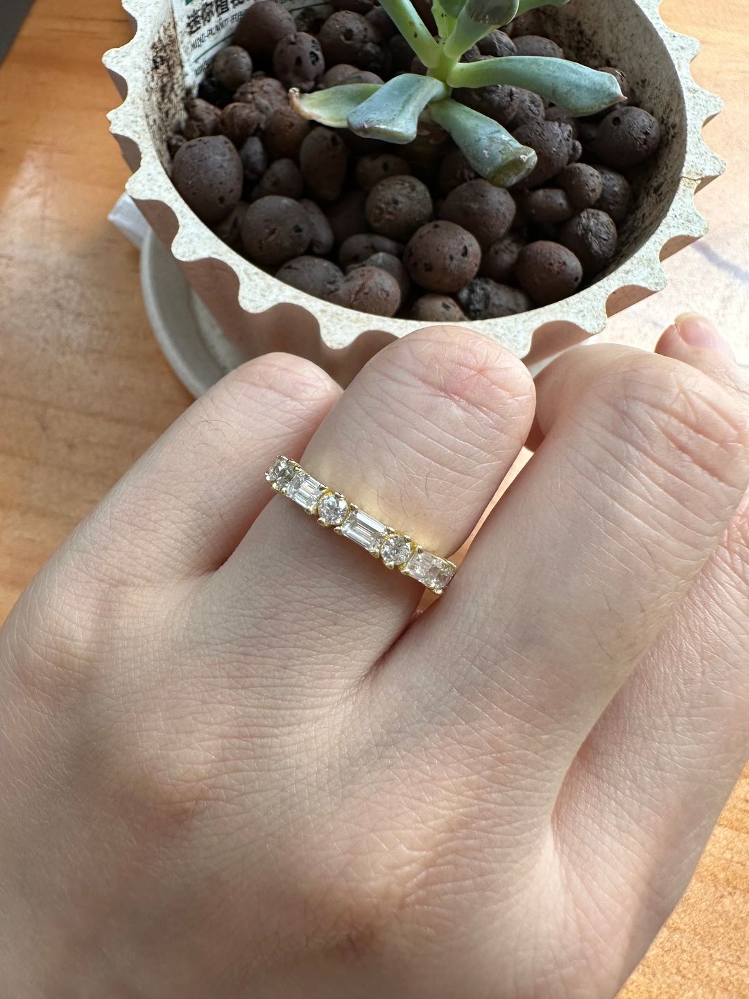 Customer photo review of S925 1.5 Ct Fashion Yellow Gold Half Emerald & Round Cut Wedding Band In Sterling Silver