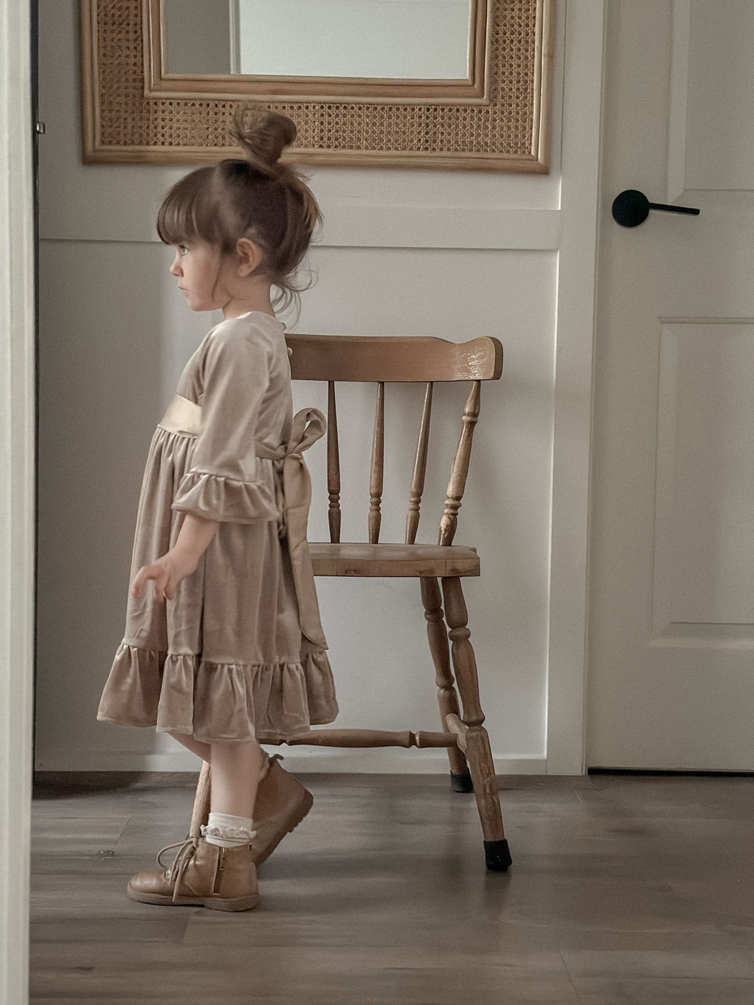 Customer photo review of Grace Velour Dress with Removable Satin Sash - Sheer Beige