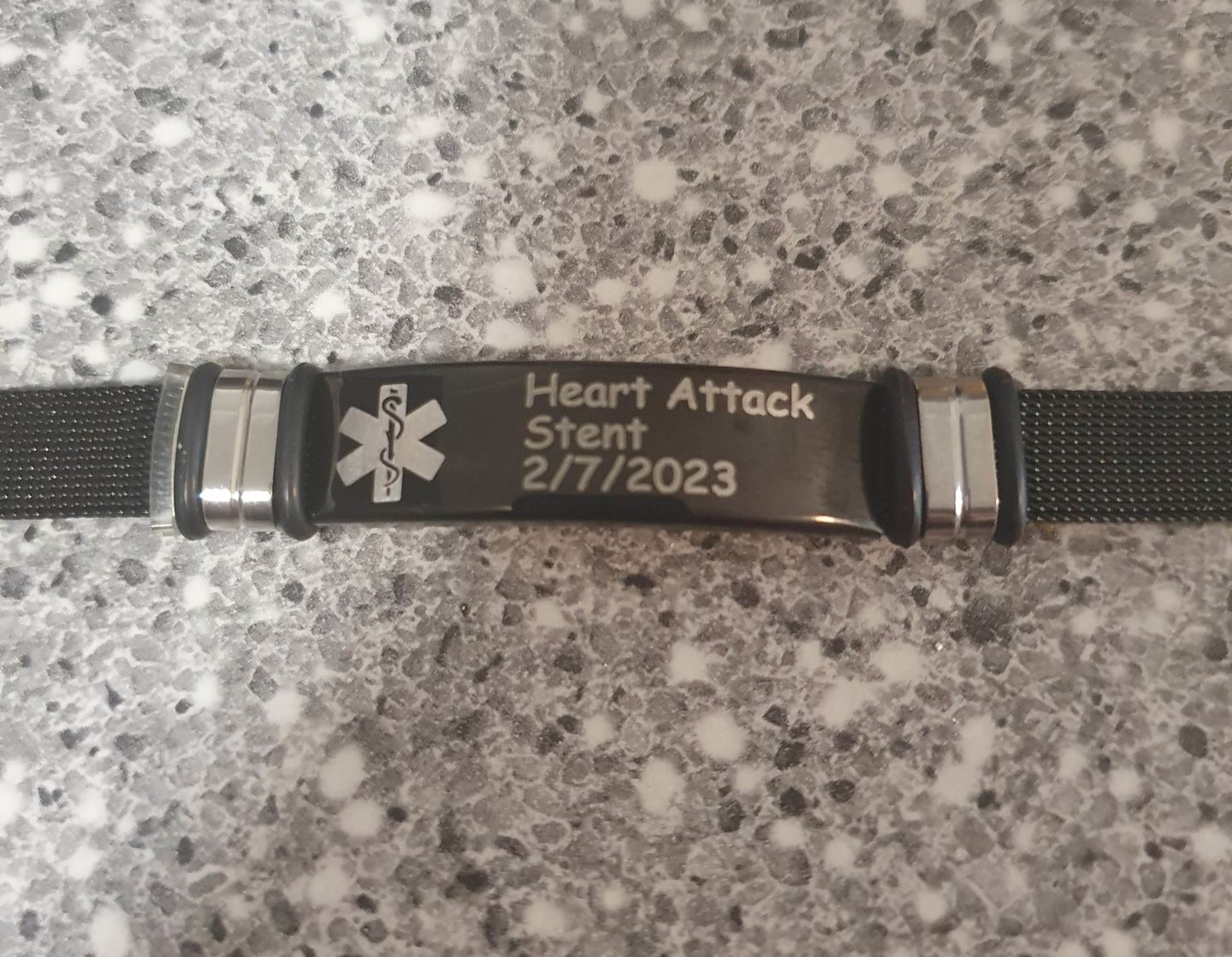 Customer photo review of Personalised Black Mesh Medical Alert Bracelet