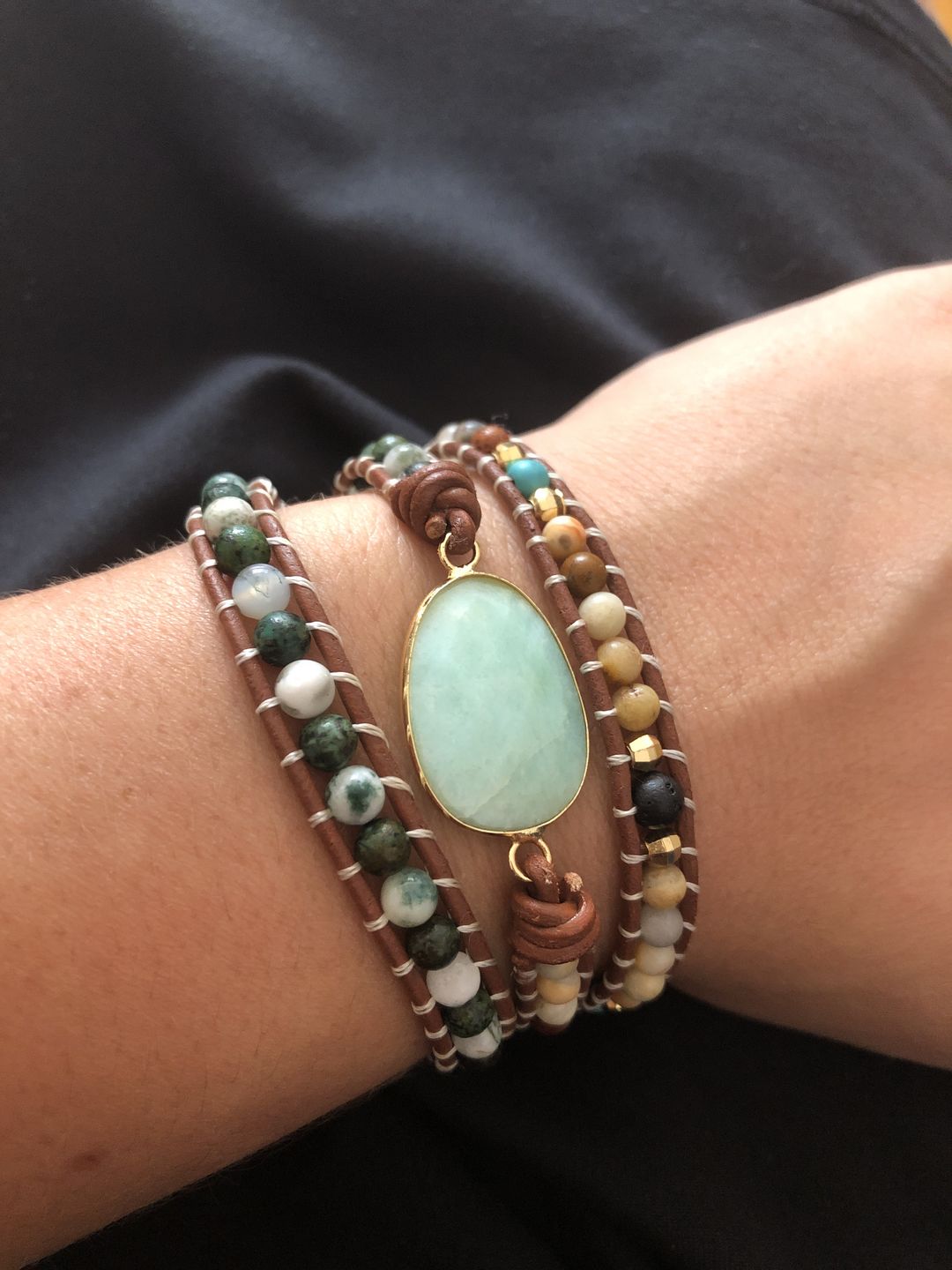 Customer photo review of Natural Green Jade Jasper and Moss Agate Wrap Bracelet