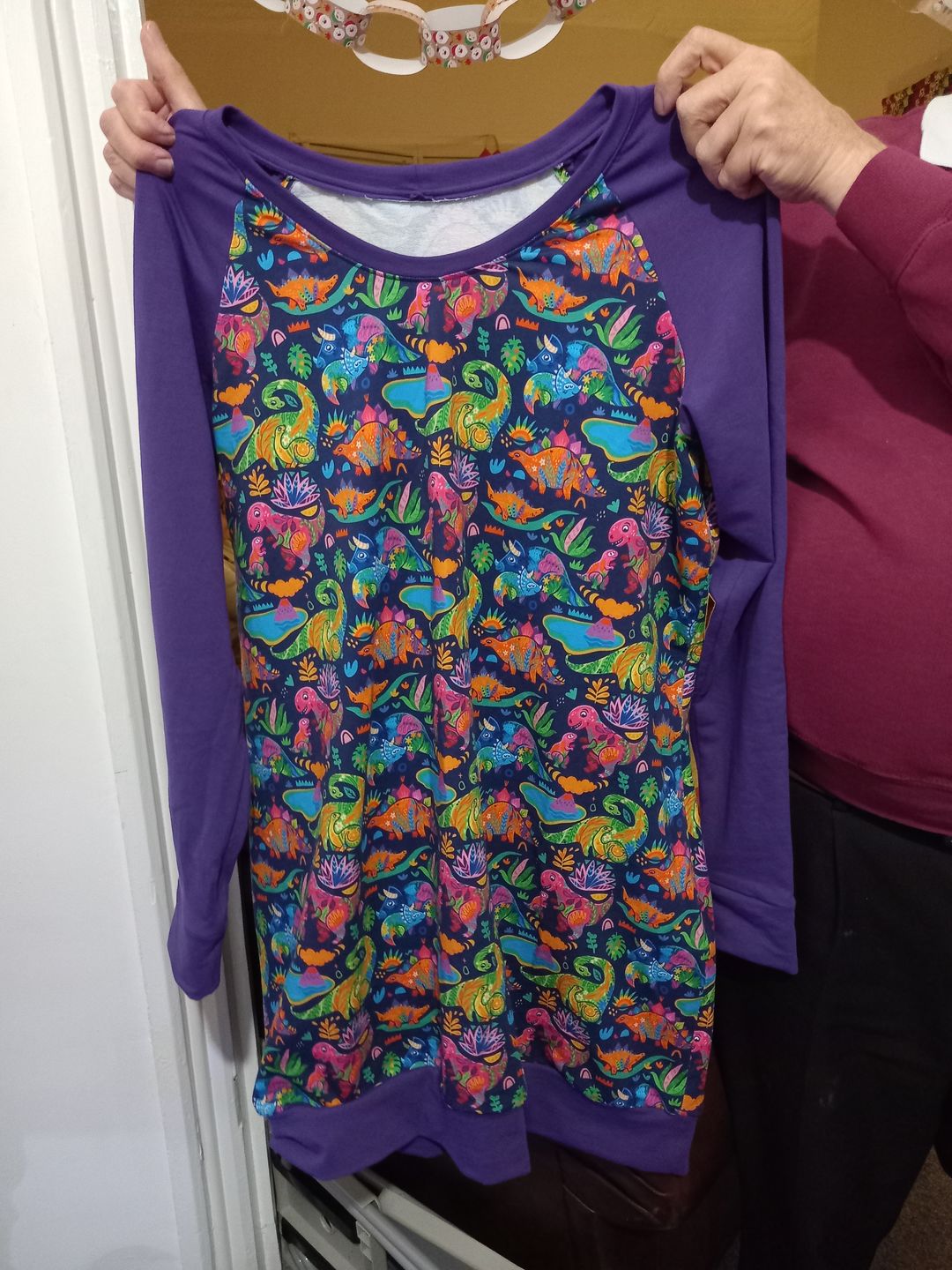 Customer photo review of Multicoloured Dinosaurs on Navy French Terry Fabric