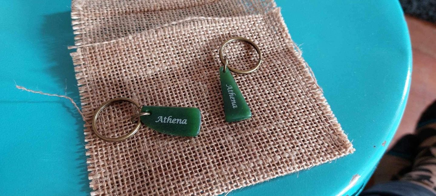 Customer photo review of Engraved Greenstone Key Ring