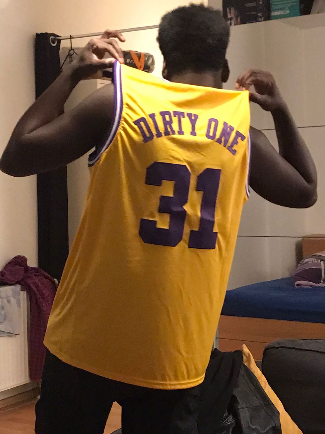 Customer photo review of Custom Stitched Basketball Jersey for Men, Women And Kids Yellow-Purple-White