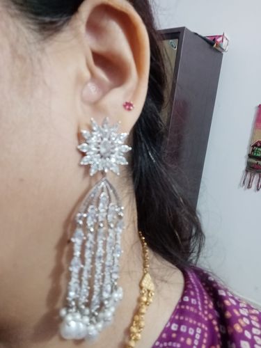 Customer photo review of Rubans Contemporary Dangler Earrings in Silver Toned With Silver Stones and Pearls