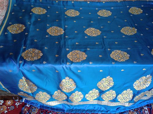 Customer photo review of Spanish Blue Woven Satin Silk Saree