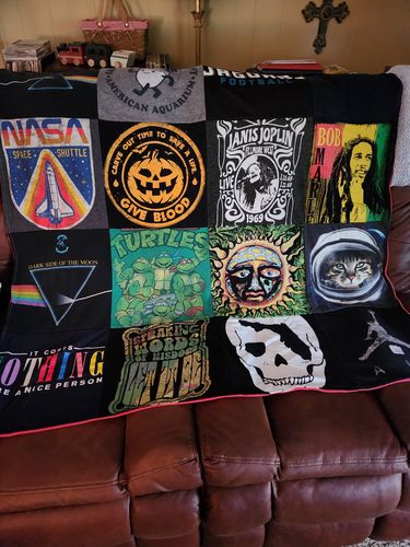 T-shirt quilt with music, space themes by Melissa from FL