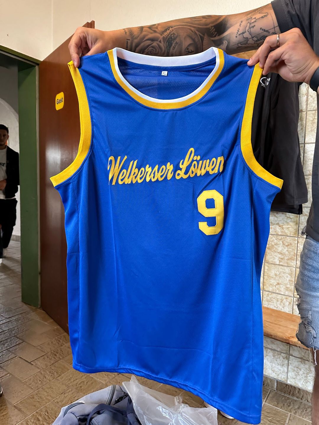 Customer photo review of Custom Stitched Basketball Jersey for Men, Women And Kids Royal-Yellow-White