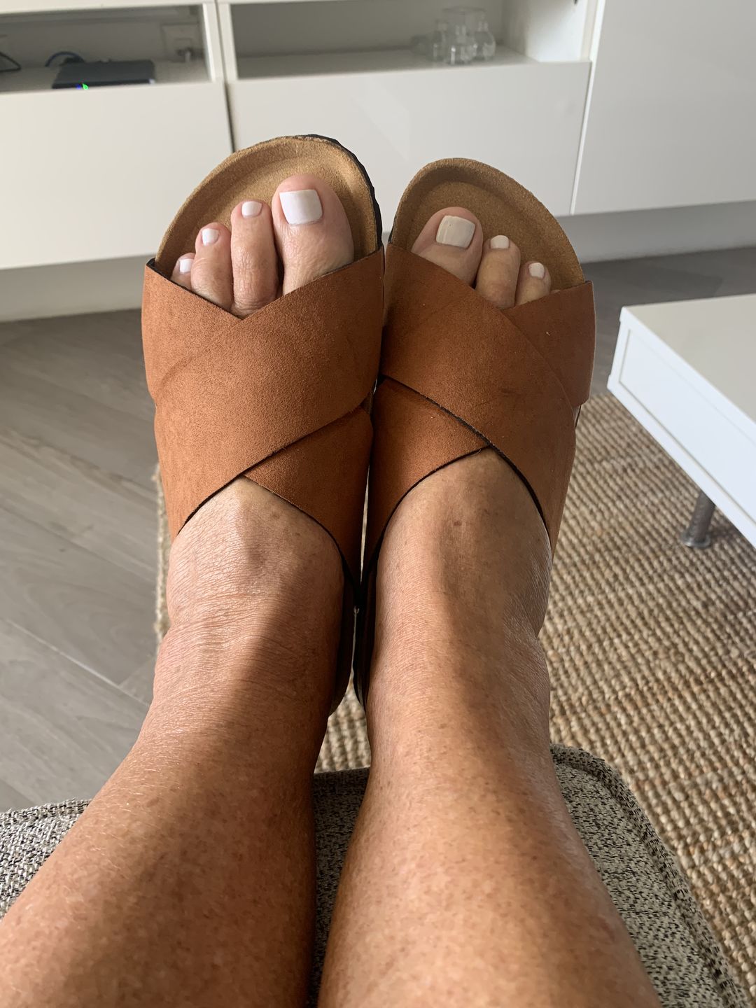 Customer photo review of Alacant Vegan Suede Slide Cork Sandal - Caramel Brown