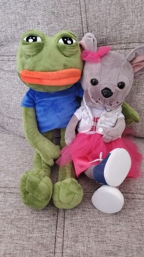 Customer photo review of Pepe The Frog Plushie 18" Sad Frog Meme Soft Stuffed Poseable Plush Toy: Hilarious Cuddle Buddy Meme Doll The Perfect Gift