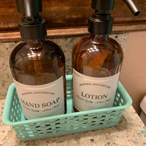 Customer photo review of Amber Glass 16 oz Boston Round Soap Dispenser Pump Bottle with 3.75" "Modern Apothecary" Label