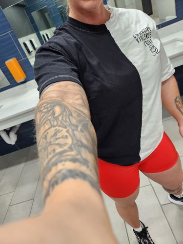 Customer photo review of Salty Savage Unisex “CHOOSING VIOLENCE” Two Tone Oversized Crew Tee | Basic | Black/White