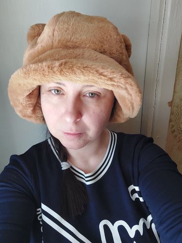 Customer photo review of Kawaii Faux Fur Bear Bucket Hat
