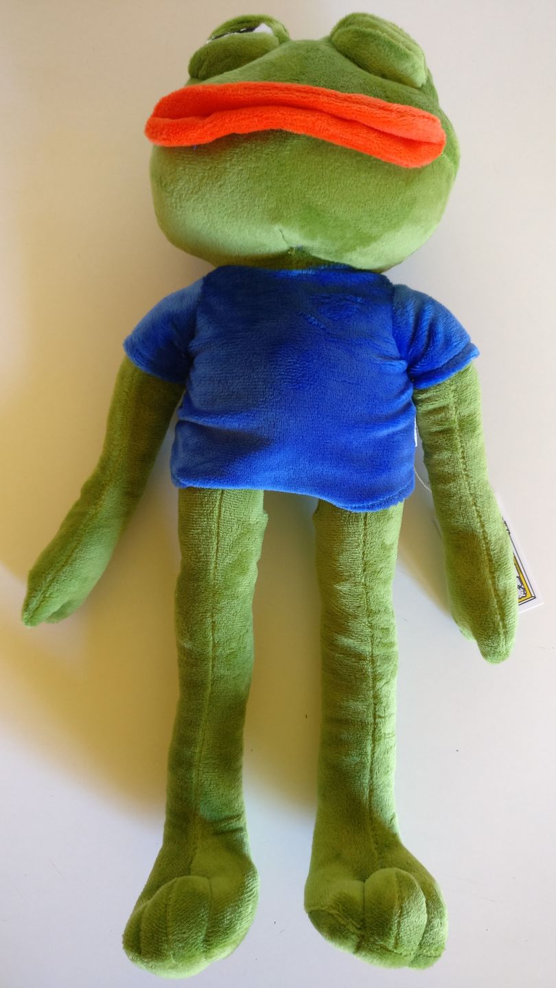 Customer photo review of Pepe The Frog Poseable Plushie 18" Sad Frog Meme Soft Stuffed Plush Toy: Hilarious Cuddle Buddy Meme Doll The Perfect Gift