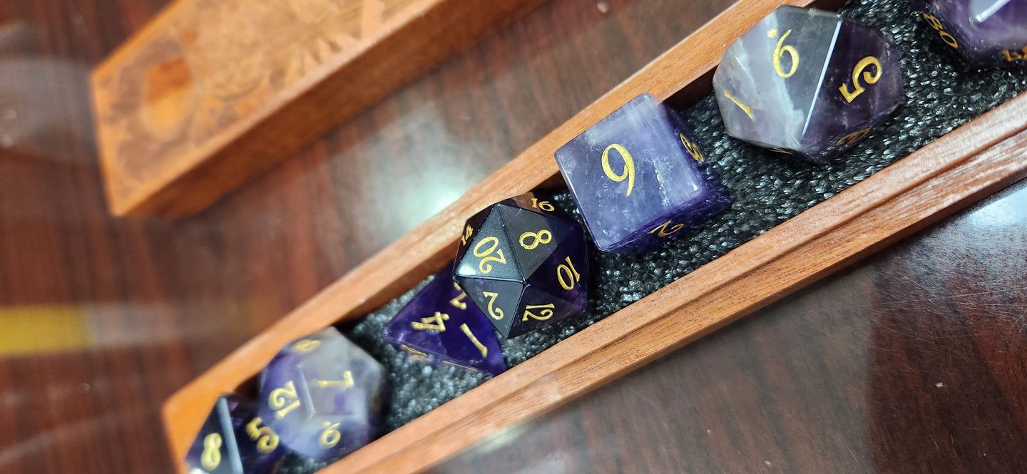 Customer photo review of URWizards D&D Amethyst Gemstone Engraved Dice Set