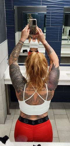 Customer photo review of Salty Savage Ladies "OG Smile" Cross Back Longline Sports Bra | White