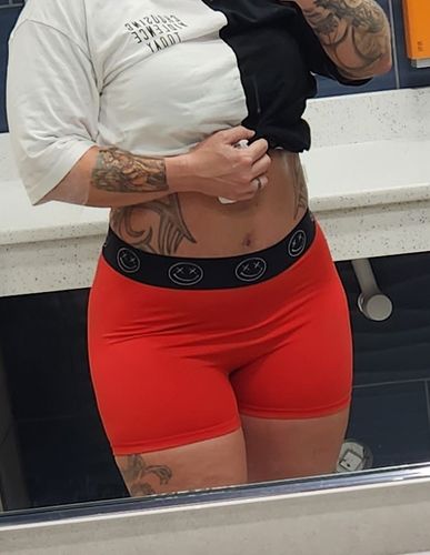 Customer photo review of Salty Savage Ladies Mid Rise OG Smile "Happy Thoughts" Training Shorts | Wet Suit Performance | Blood Red