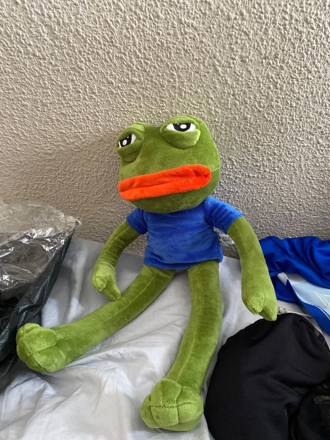 Customer photo review of Pepe The Frog Plushie 18" Sad Frog Meme Soft Stuffed Poseable Plush Toy: Hilarious Cuddle Buddy Meme Doll The Perfect Gift