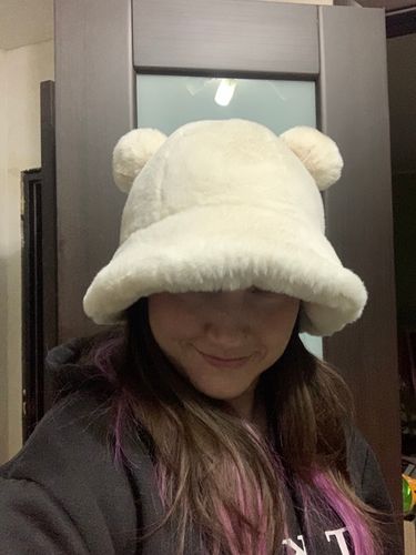 Customer photo review of Kawaii Faux Fur Bear Bucket Hat