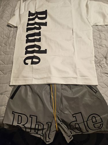 Customer photo review of RHUDE 3M Reflective Letters Mesh Drawstring Shorts